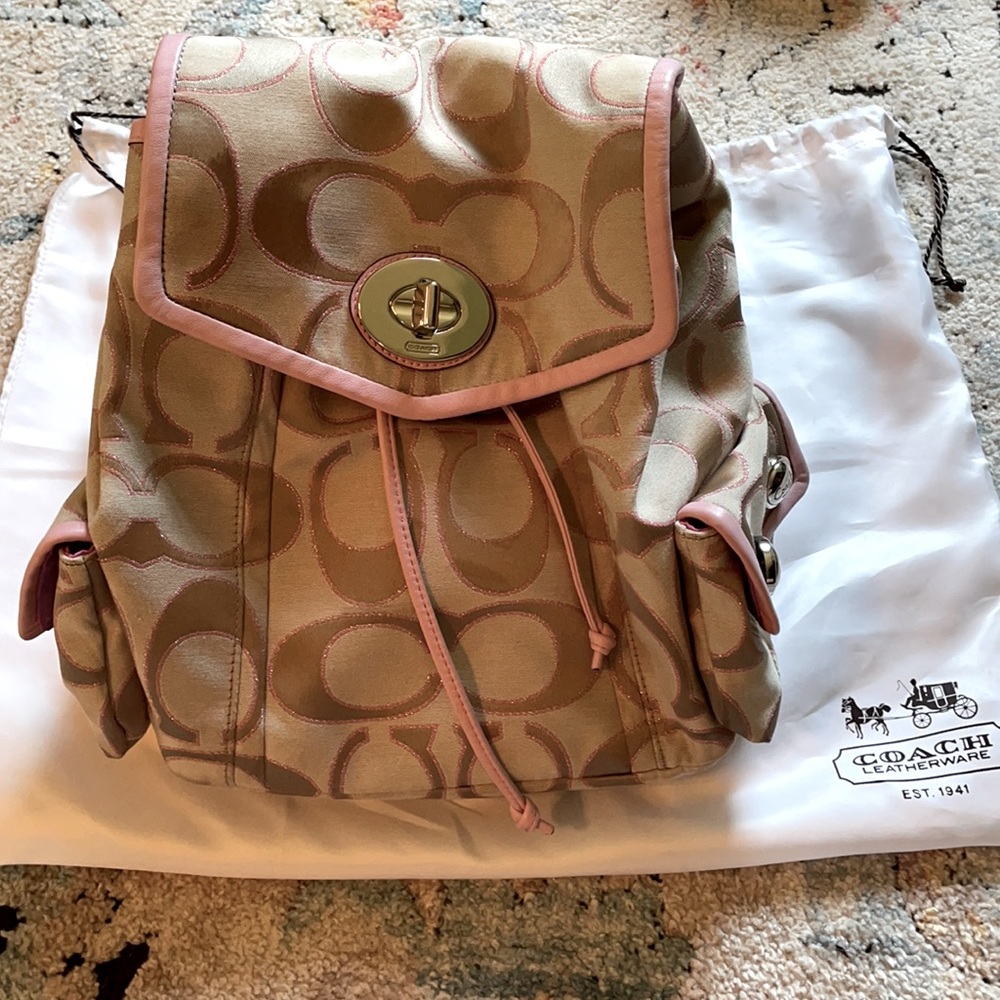 Coach tan Canvas Pack Pack with pink leather trim